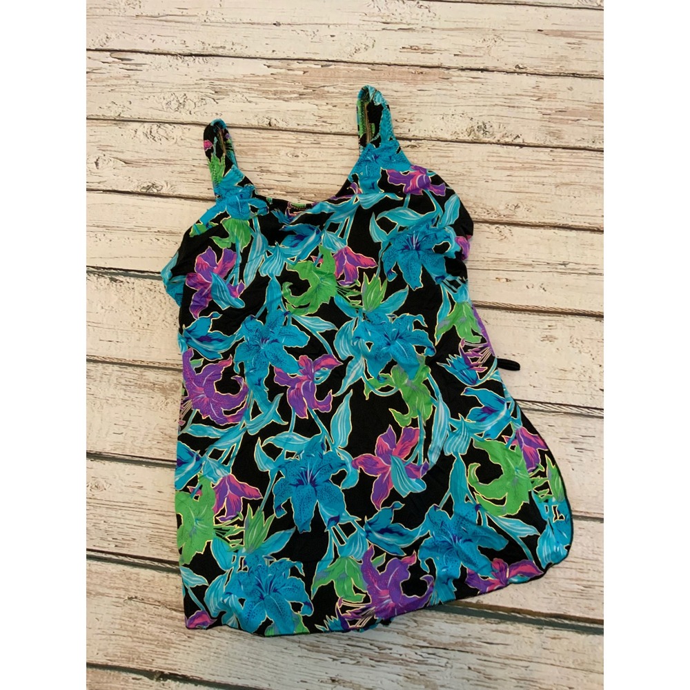 Vintage Floral Swim Dress One Piece Swimsuit‎ Turquoise Purple Gold 22W